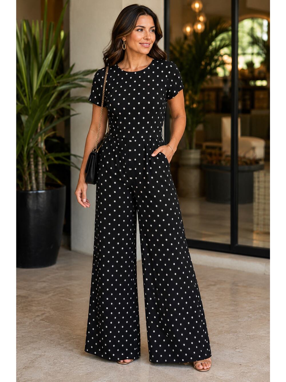Lauren Ralph Lauren Polka Dot Wide Leg Jumpsuit Black White Sz 2 short sleeve - Picture 1 of 16